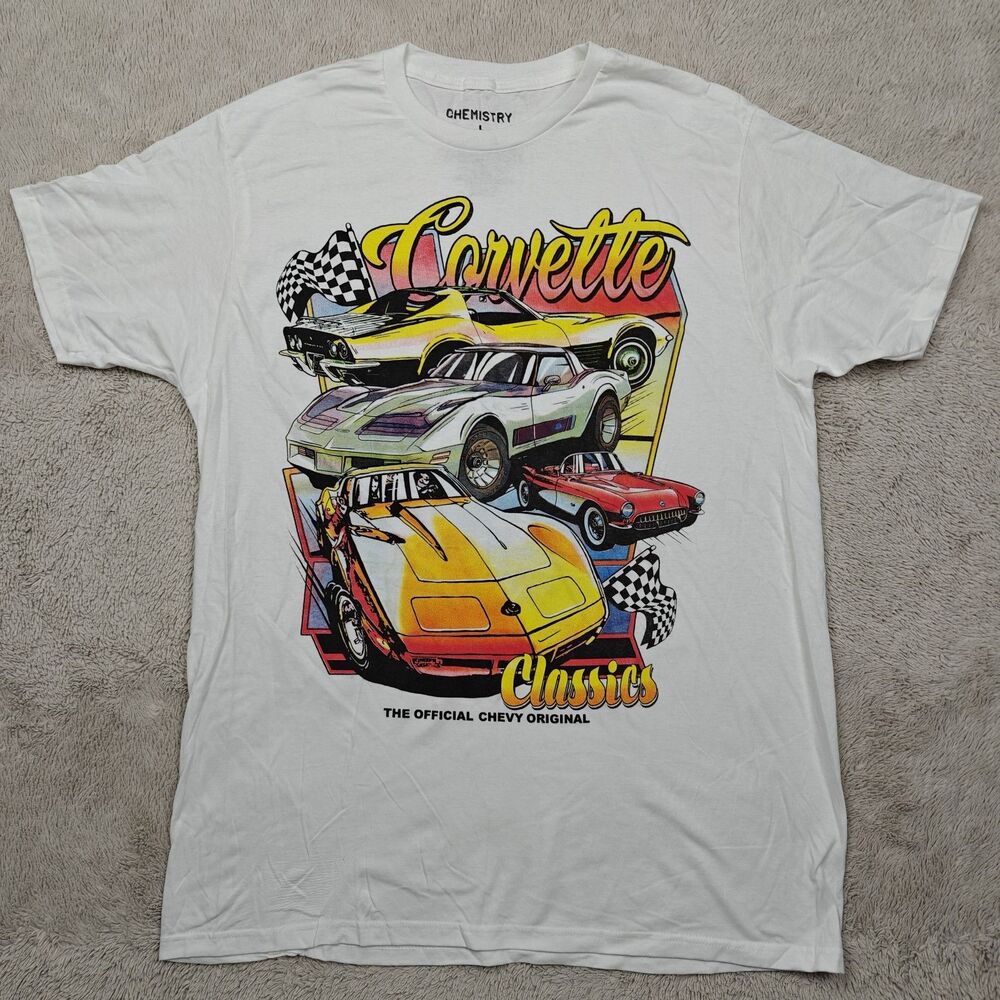 Corvette American Sports Muscle Car T-Shirt Men's L White Racing Retro Chevy